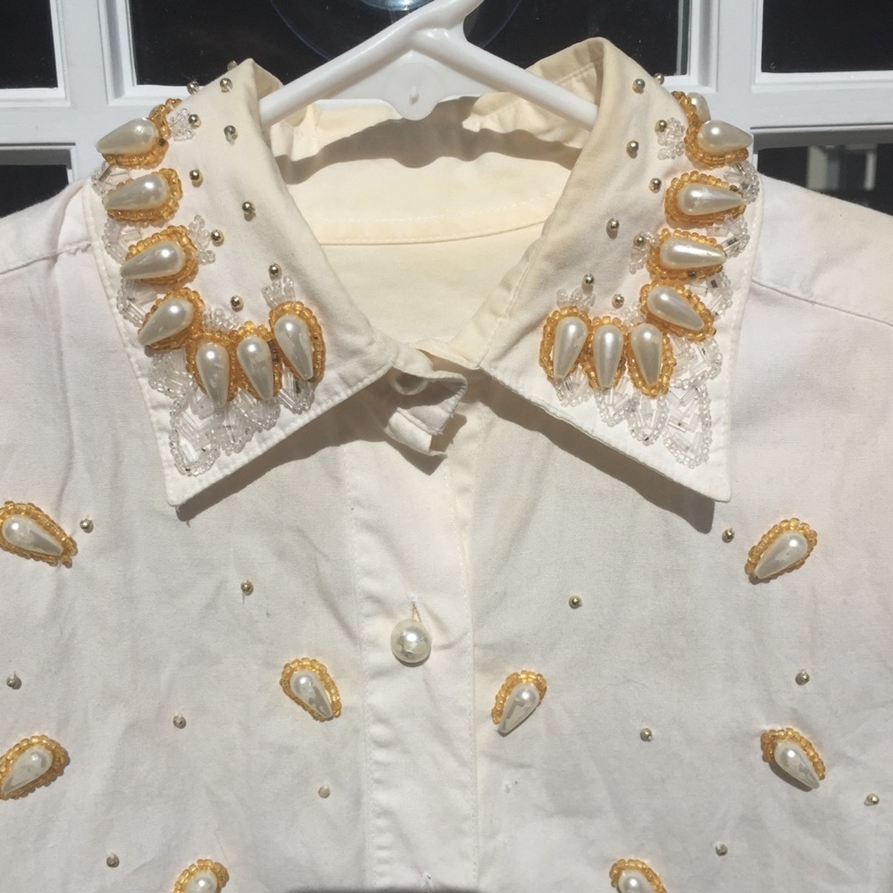 Beautiful beaded eggshells colored button down
